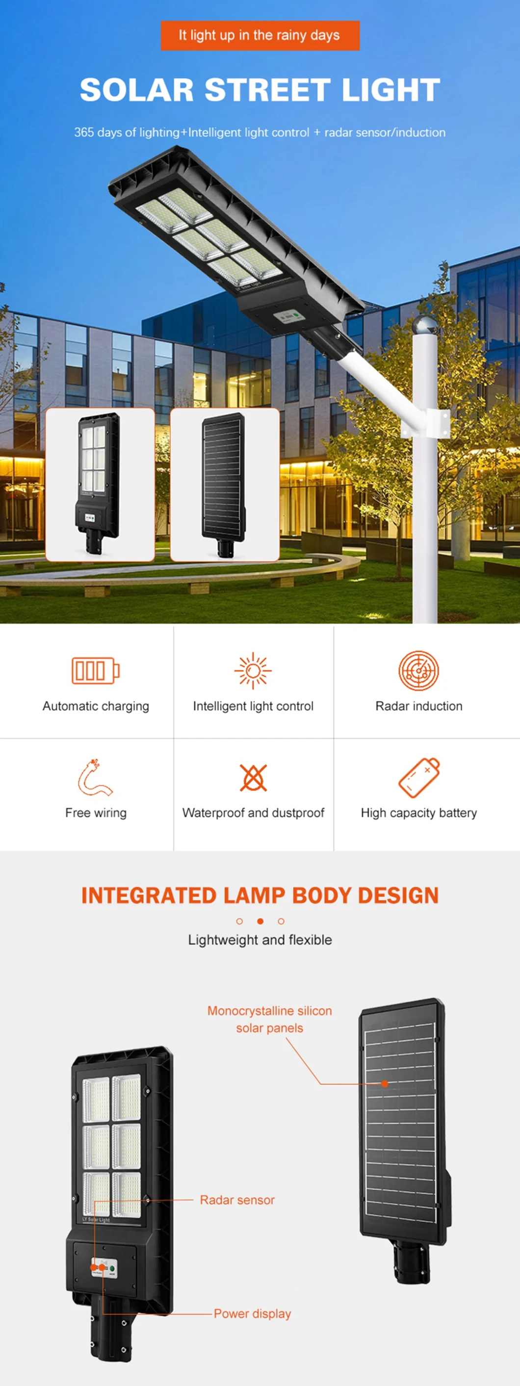 100W 200W 250W 300W All in One LED Solar Light Time Control Radar Sensor Light Sensor IP66 Waterproof Outdoor Lighting Garden Lamp LED Streetlight Road Lamp