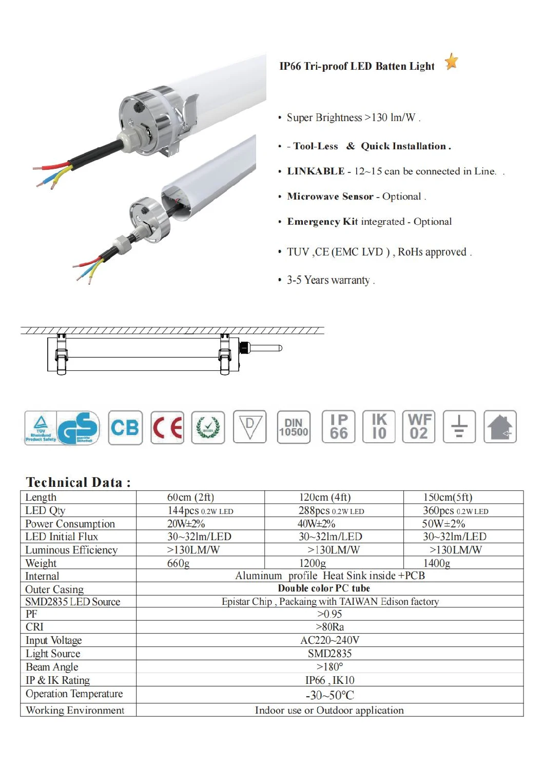 4 Foot Water Vapor Tight LED Light Fixture 40W IP69K Ik10 IP66 (2FT 4FT 5FT)